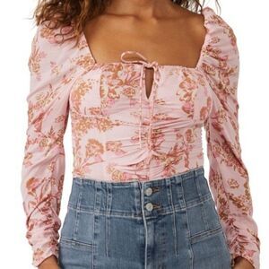 NWT FREE PEOPLE HILARY PRINTED TOP PINK COMBO SIZE L
